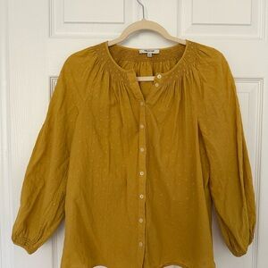Madewell Floral Embroidered Smocked-Neck Buttoned Cotton Blouse - mustard yellow